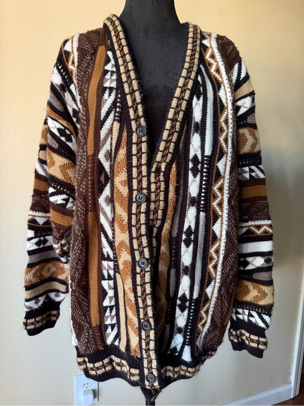 90s vintage 3D knit sweater cardigan men’s XL Alan Stuart neutral